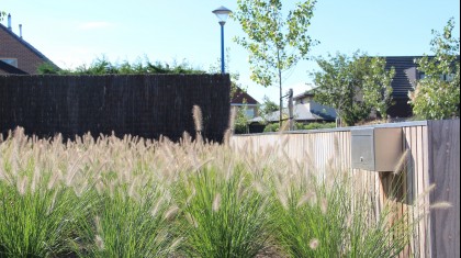 Strakke tuin met houtafwerking in combinatie met natuurlijke grassen