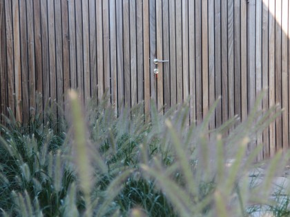 Strakke tuin met natuurlijke grassen in combinatie met moderne afsluiting