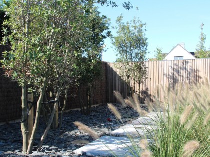 Strakke tuin met natuurlijke grassen in combinatie met moderne afsluiting