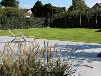 Strakke tuin met natuurlijke grassen in combinatie met moderne afsluiting